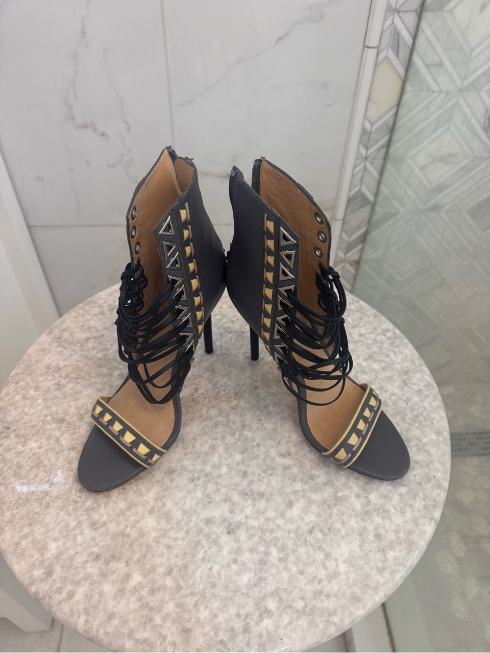 L.A.M.B. Black Lace-Up Studded High Heel Sandals with Gold Details